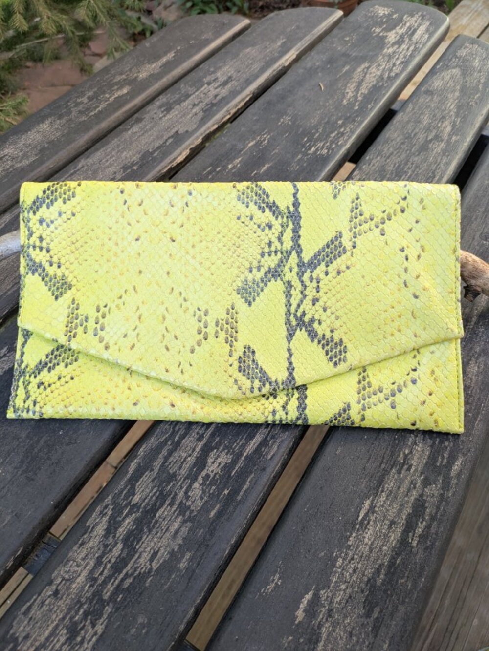 Cole Haan Neon Yellow Snakeskin Embossed Leather Envelope Clutch Bag.